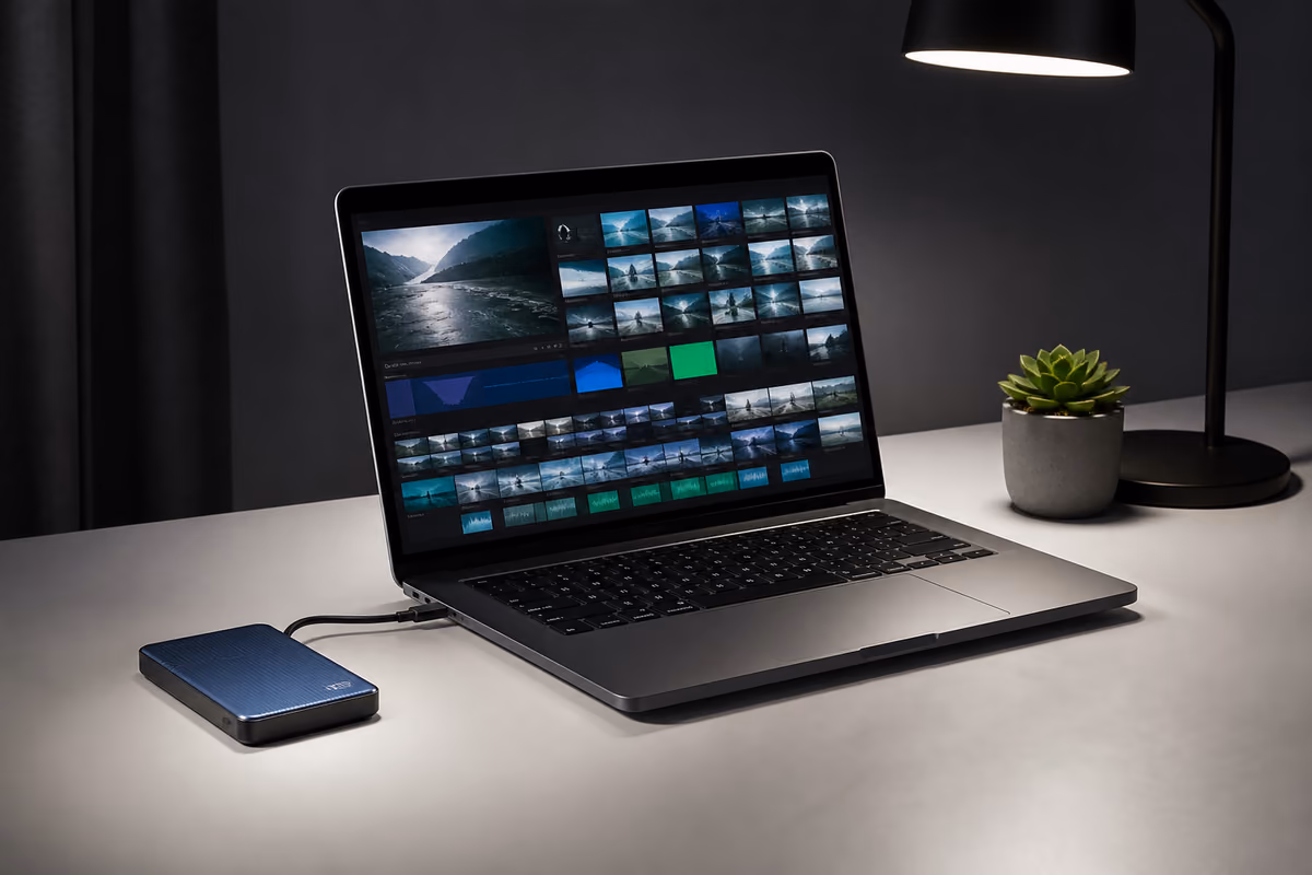 Laptop processing video frames locally beside a connected external drive