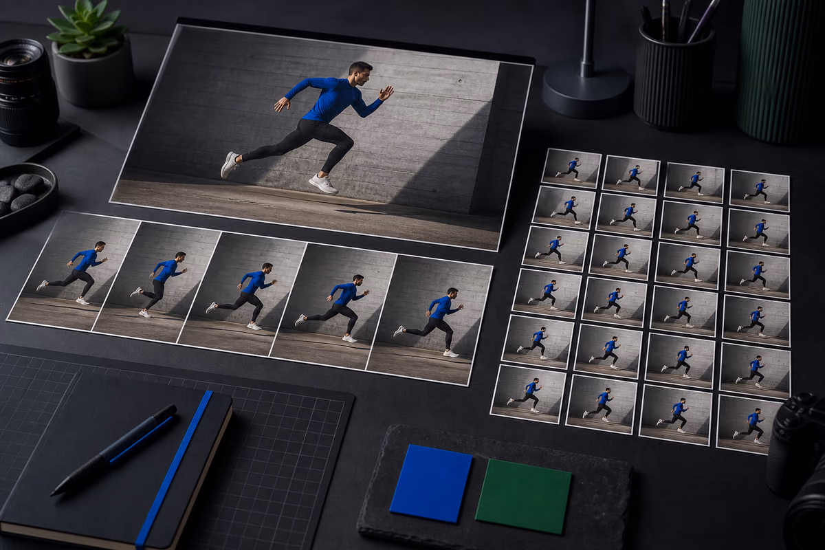 Extracted running frames arranged as a hero thumbnail, tutorial sequence, and image dataset