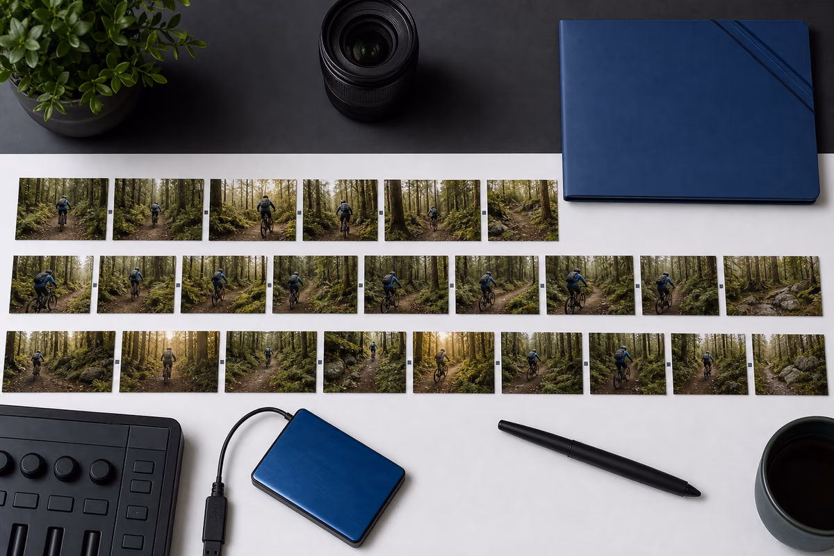 Chronological image sequence extracted from a video of a cyclist on a forest trail